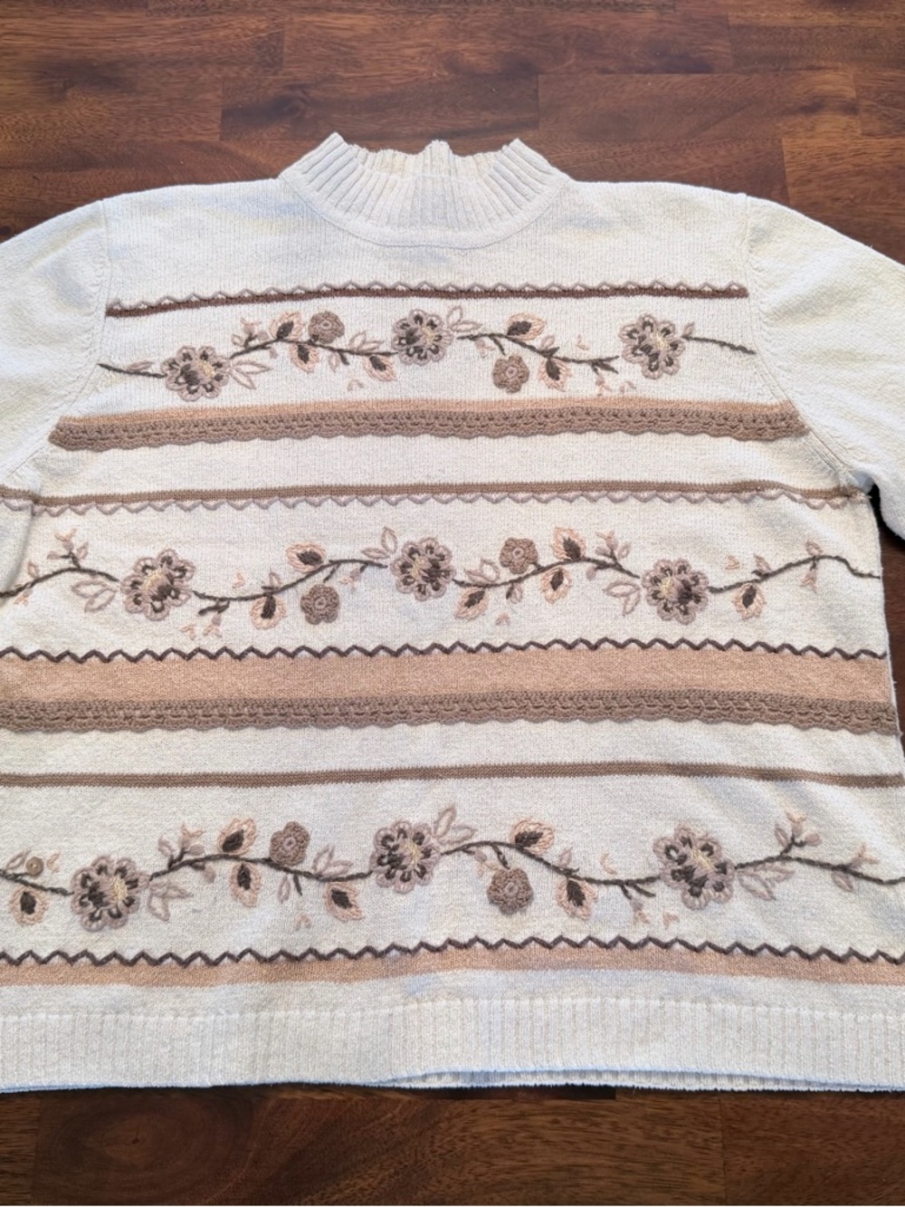 Alfred Dunner Cream Knit Floral Stripe Turtleneck Sweater